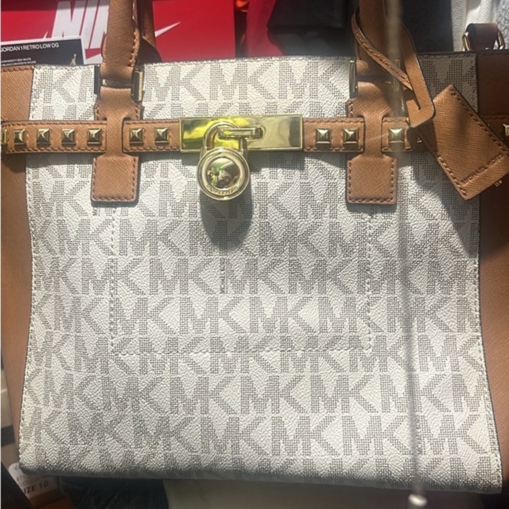 Michael Kors White and Brown Logo Tote with Gold Hardware